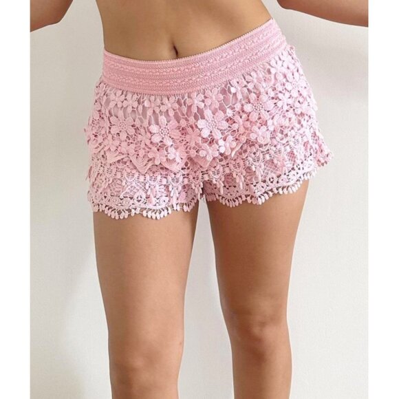 NOBO Tiered Crochet Shorts Layered Pink Floral Lace Knit Cut-Outs Cutouts Skort - Picture 2 of 7